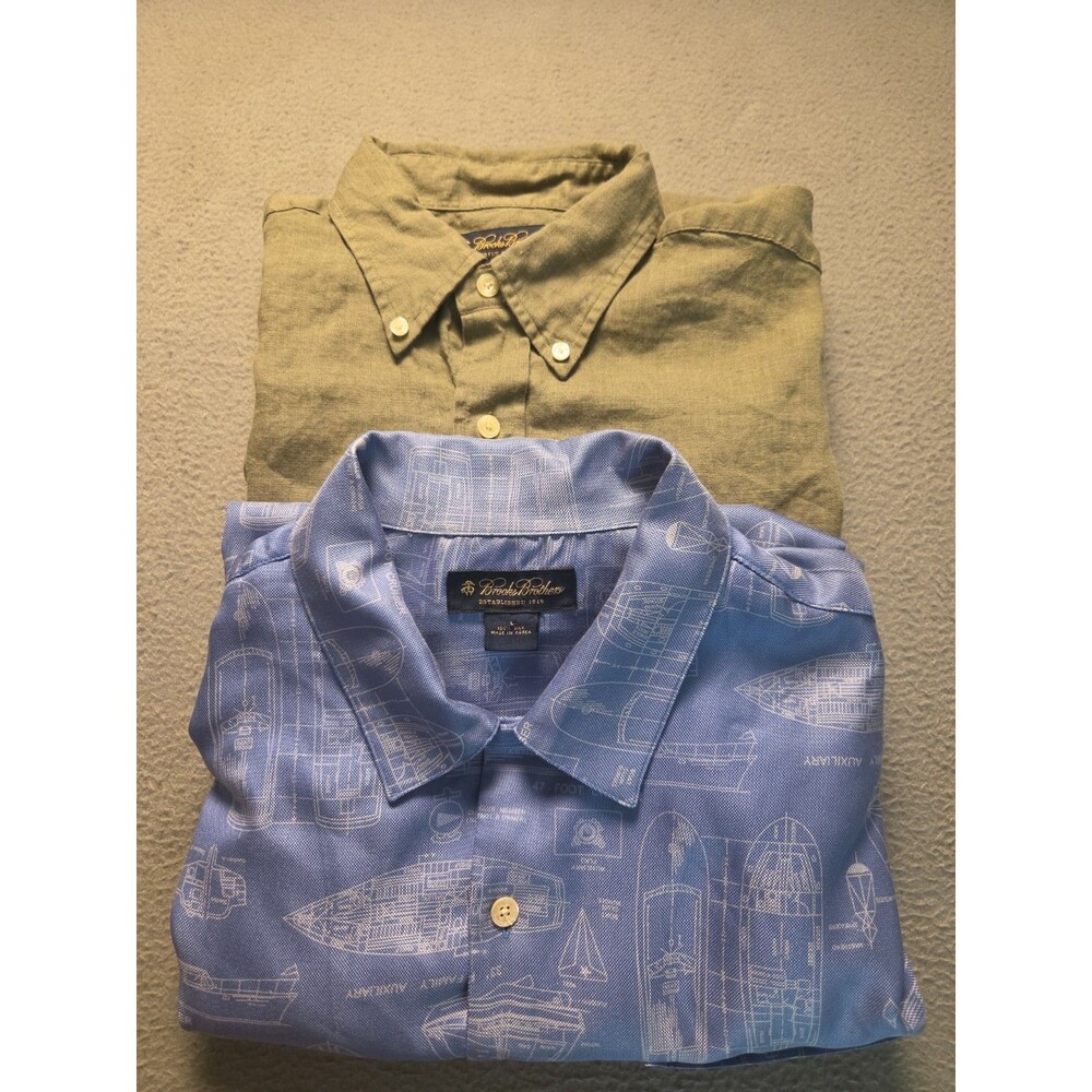 Two Brooks Brothers Summer Shirts Size L 100% Silk AOP Print & IRISH Linen EUC